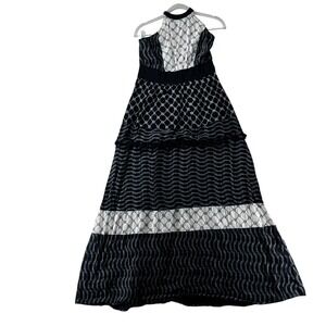 New York Co Halter Maxi Dress Smocked Waist Sleeveless Tassel Tiered Black White